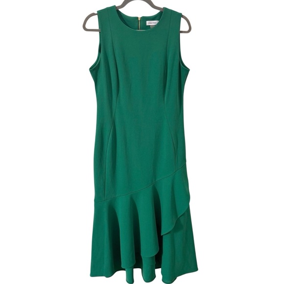 Calvin Klein Flounce Hem Midi Sheath Dress Green Size 10 - Picture 3 of 12